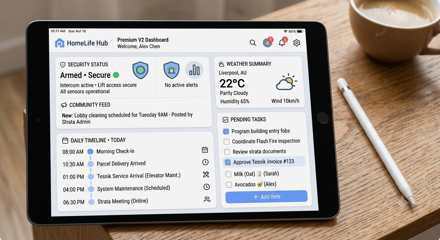 HomeLife Hub tablet dashboard on a table